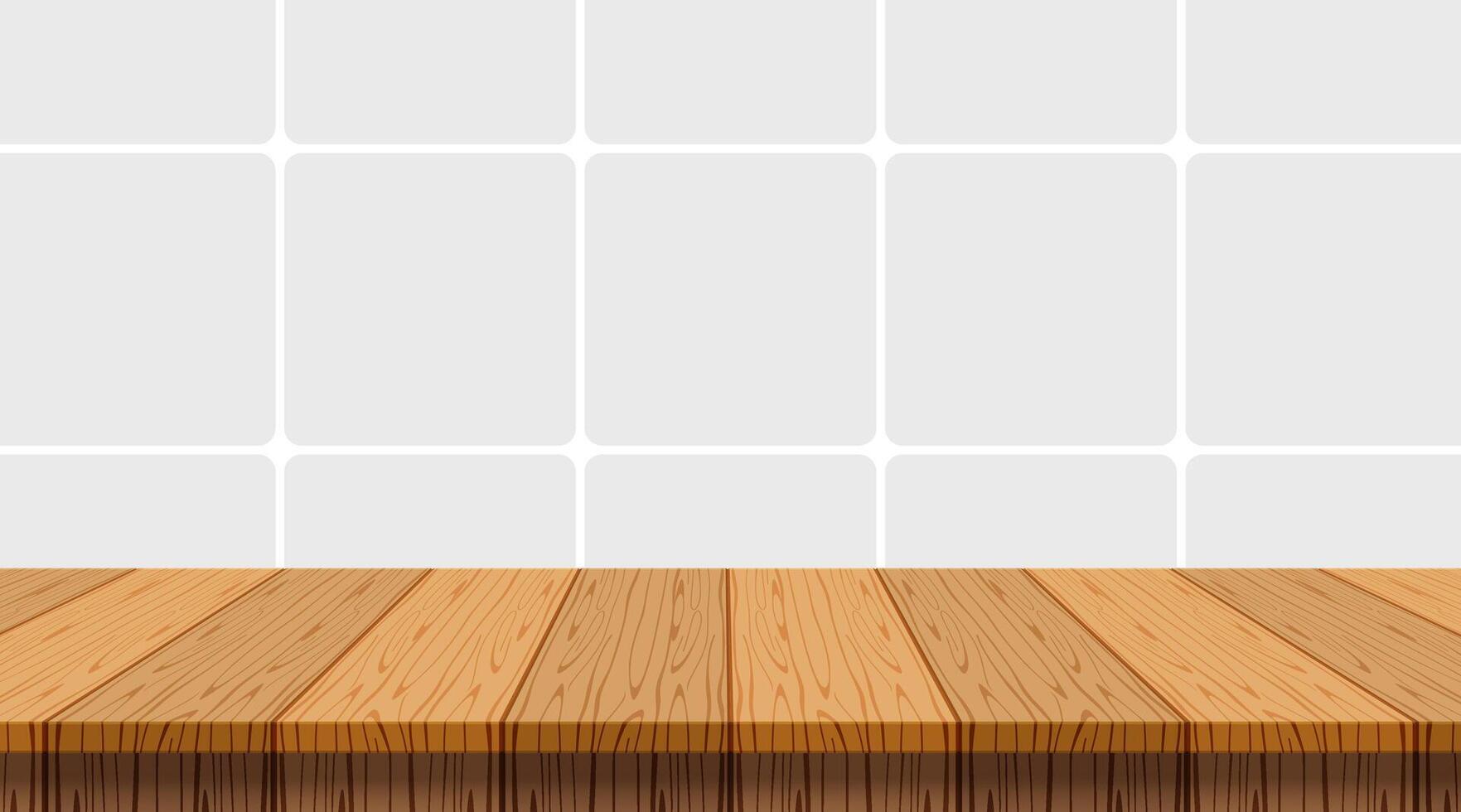 wood table empty on wall tiles ceramic background, tabletop and copy space text, top shelf wood front mosaic wall tiles kitchen room, wooden top table at tiled grey pastel soft, mock-up counter desk vector