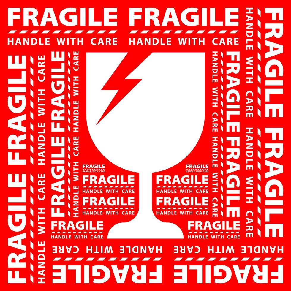sticker fragile handle with care, red fragile warning label, square fragile label with broken glass symbol vector