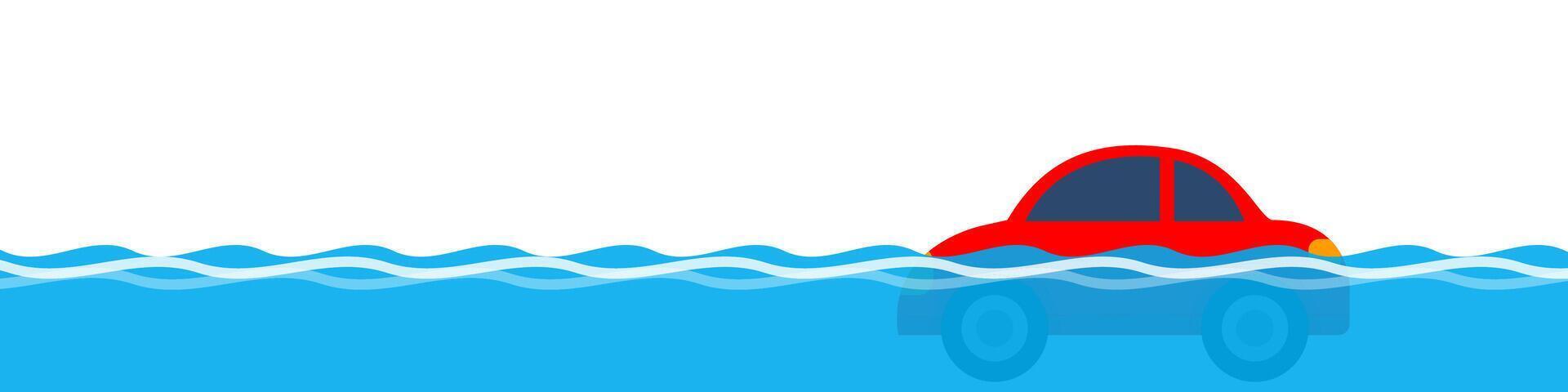 car flood, car driving in water, flood with red car on white background, copy space vector