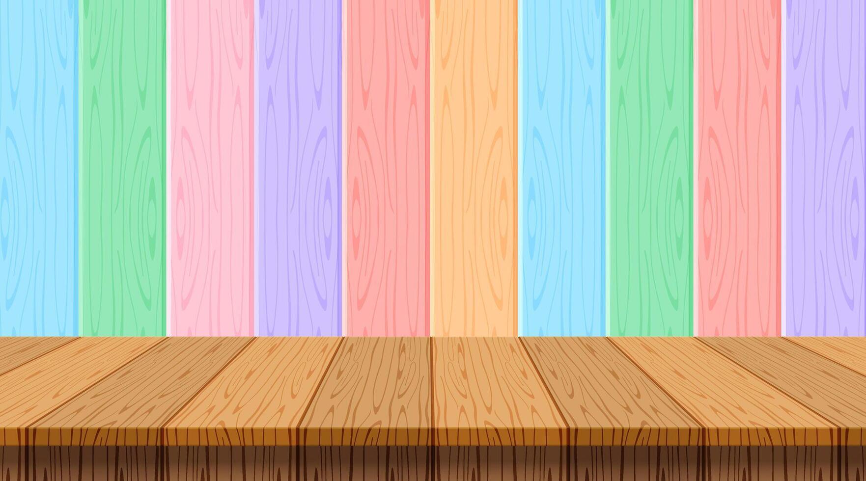 wood plank empty on wooden wall pastel soft background for copy space, table wood on wall rainbow soft color, wood plank front view for banner, wooden table on pastel wall strip, plank colorful soft vector
