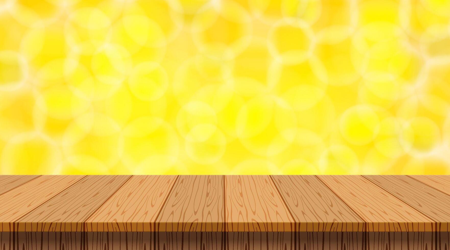 wood plank on yellow gold bokeh for copy space background, blank table top wooden brown on gold bokeh, vintage wood plank for decoration, wooden table on golden bokeh, table wood plank front view vector