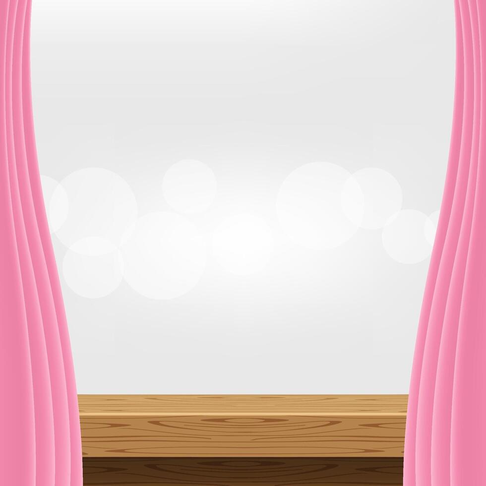 wood table and luxury pink curtains for advertise product display, wooden top table decoration with curtain, wood plank board space for banner copy space text, tabletop front view vector