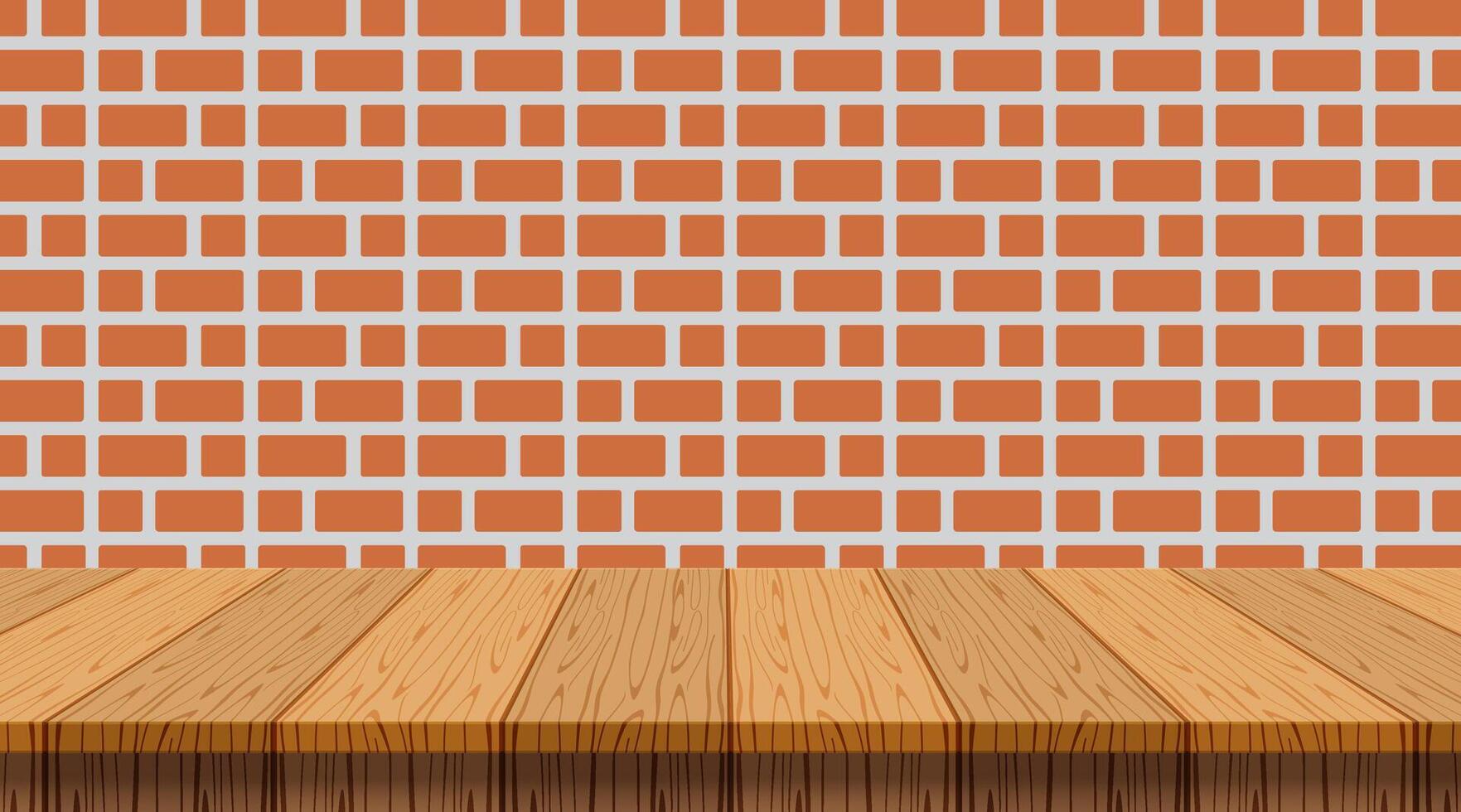 empty wood table, retro wall brick for copy space, counter wood table on rustic wall brick, wooden table for display mockup, wood tabletop desk for shelf place product, wooden plank of counter vector