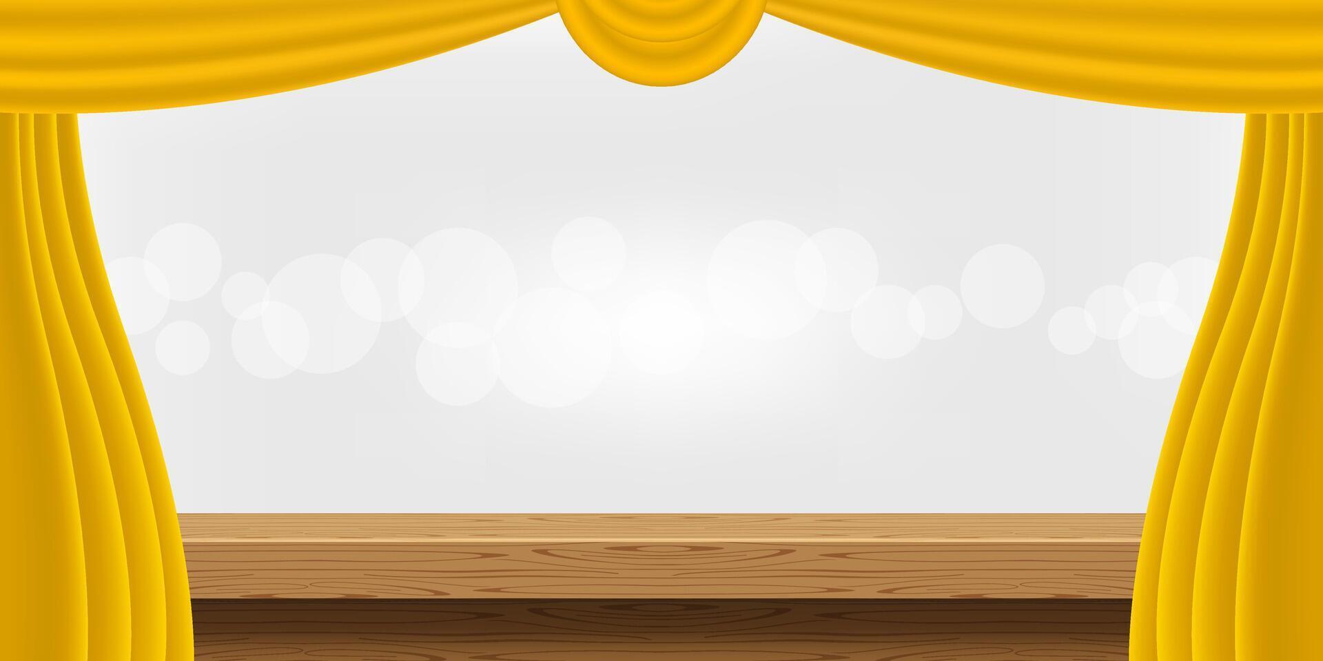 wood table and luxury yellow gold curtains for advertise product display, wooden top table decoration with curtain, wood plank board space for banner copy space text, tabletop front view for banner ad vector