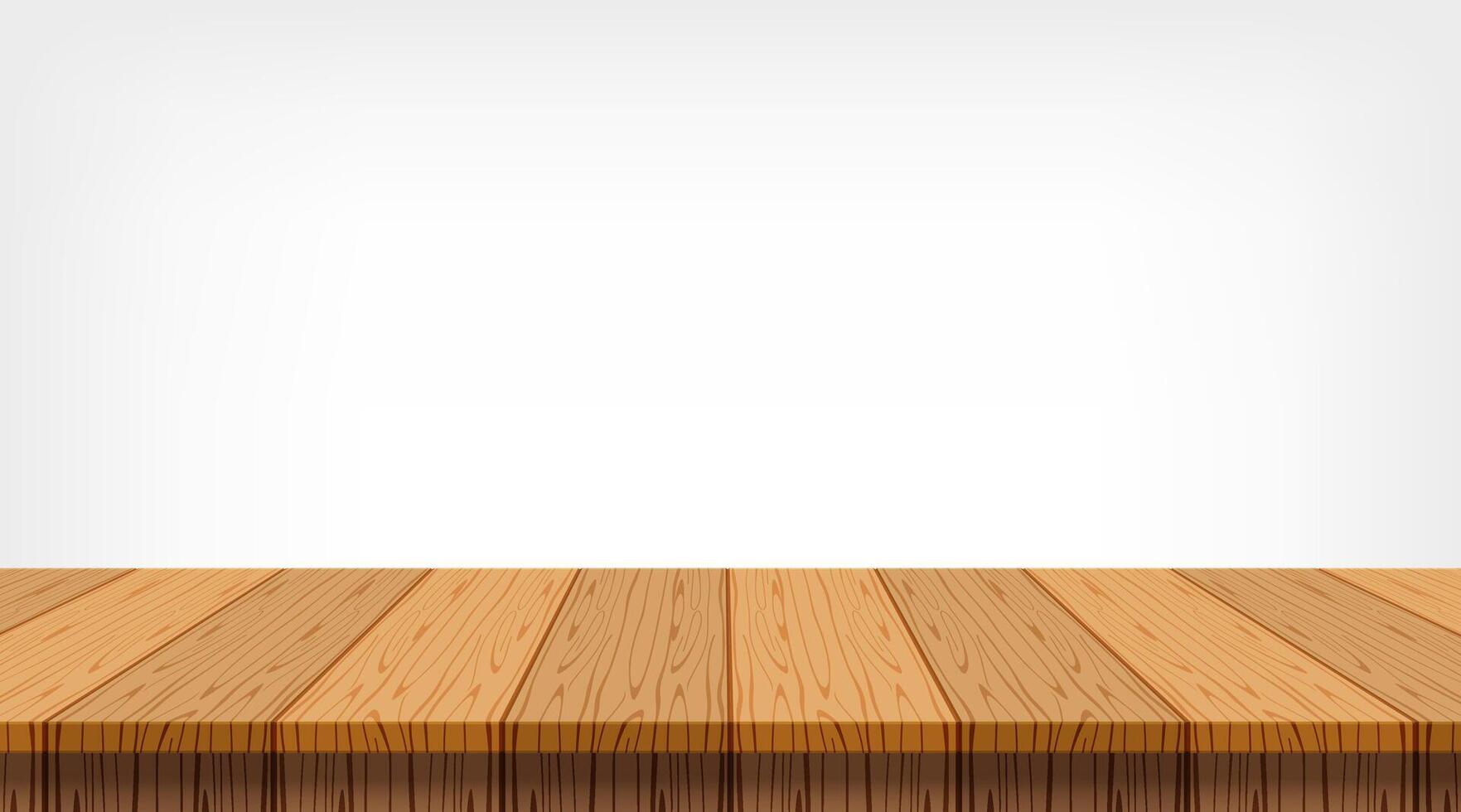 wood plank empty front view and copy space, blank table top wooden brown for decoration room, vintage wood plank for background, wooden table on grey wall, table wood plank front view vector