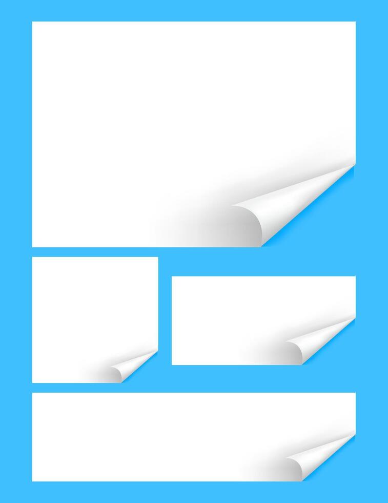 paper mock-up template a4, paper with curl corner, empty white paperwork a4 layout, blank rectangle paper set isolated on light blue vector