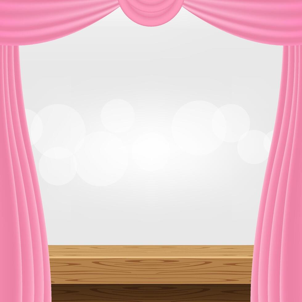 wood table and luxury pink curtains for advertise product display, wooden top table decoration with curtain, wood plank board space for banner copy space text, tabletop front view for banner ad vector