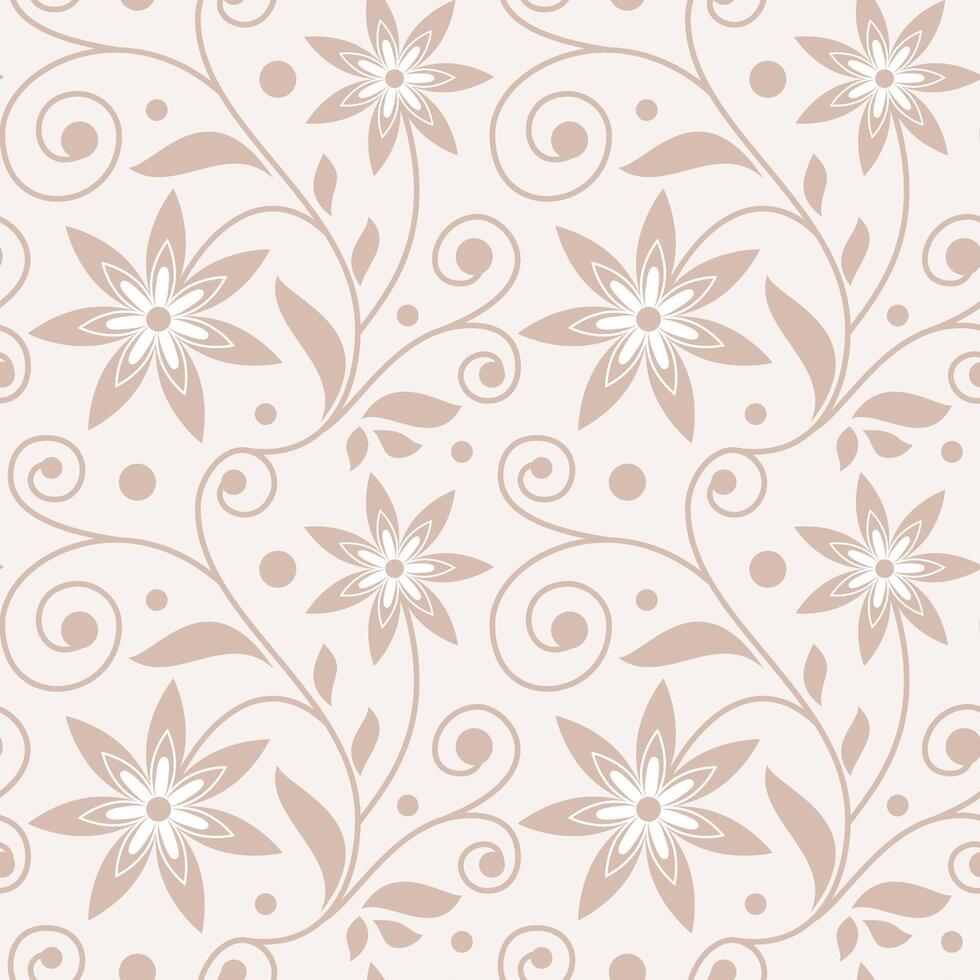Beige seamless floral pattern with swirling vines and polka dots, perfect for fabric, wallpaper, or textile design vector