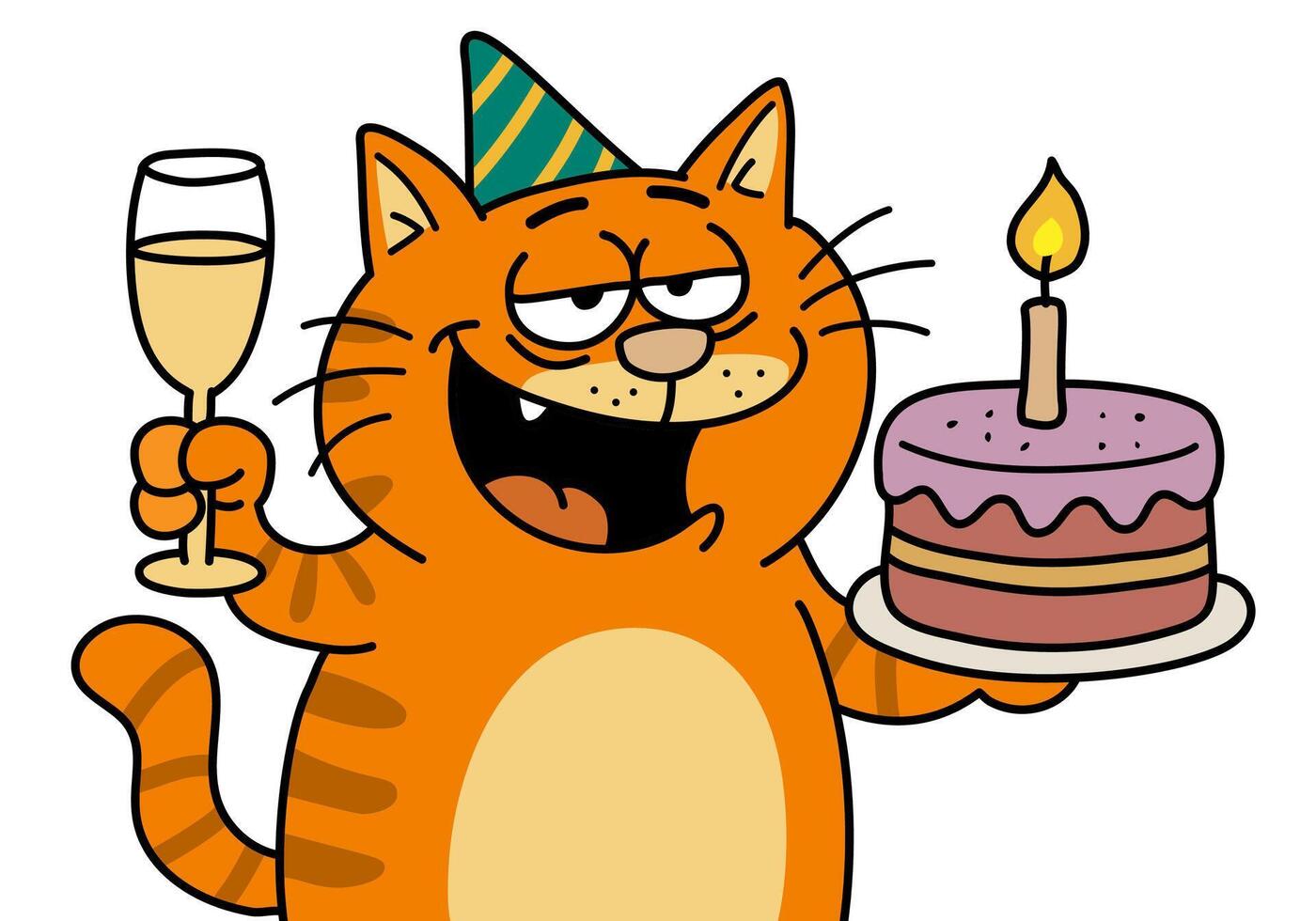 Humorous picture of funny tabby cat celebrating with birthday cake and champagne, wearing party hat with happy expression, perfect for greeting cards vector