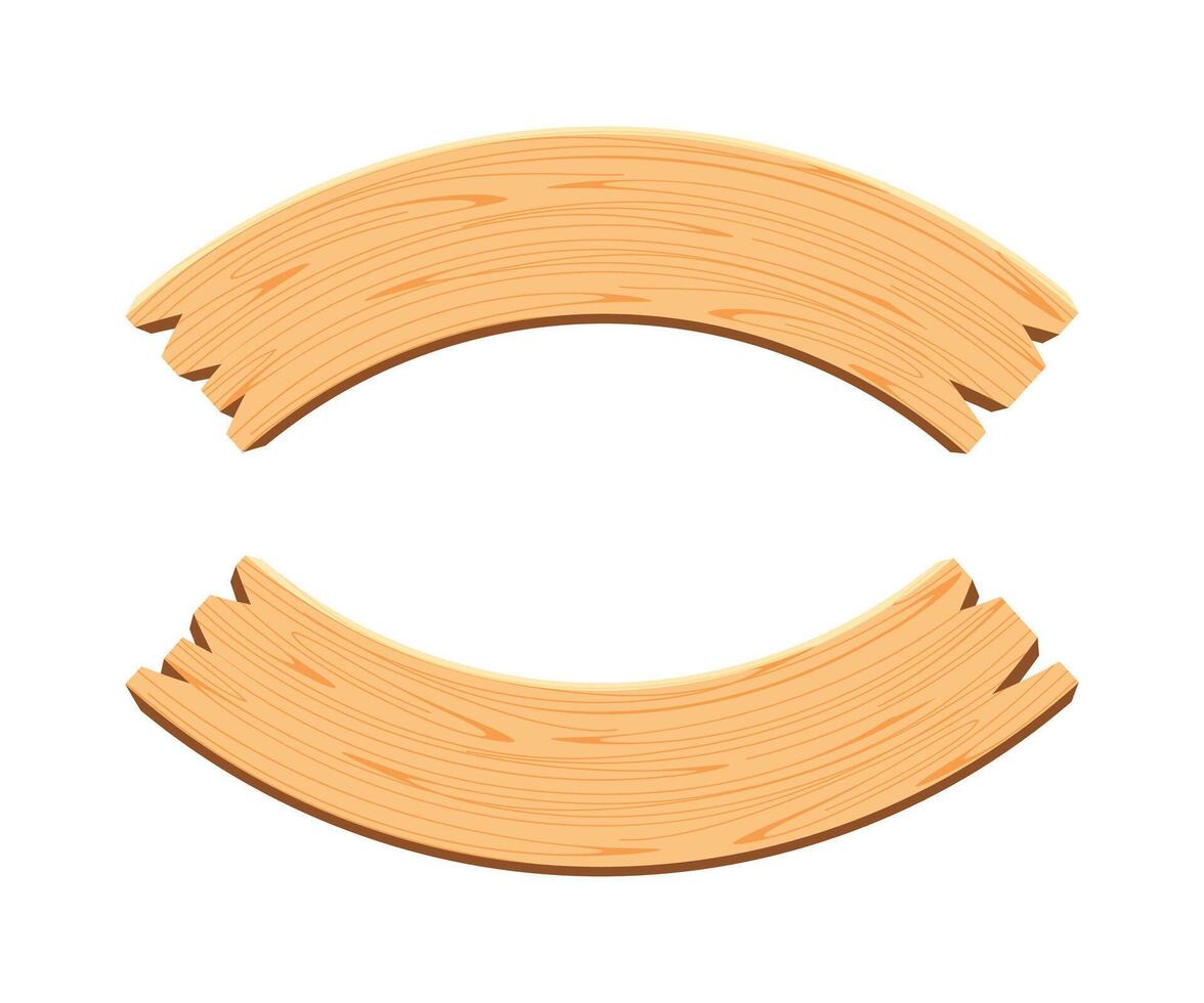 curved wooden planks isolated on white background, wood plank curve for signs and copy space, wooden signs curve shape, empty wood plank brown for text vector