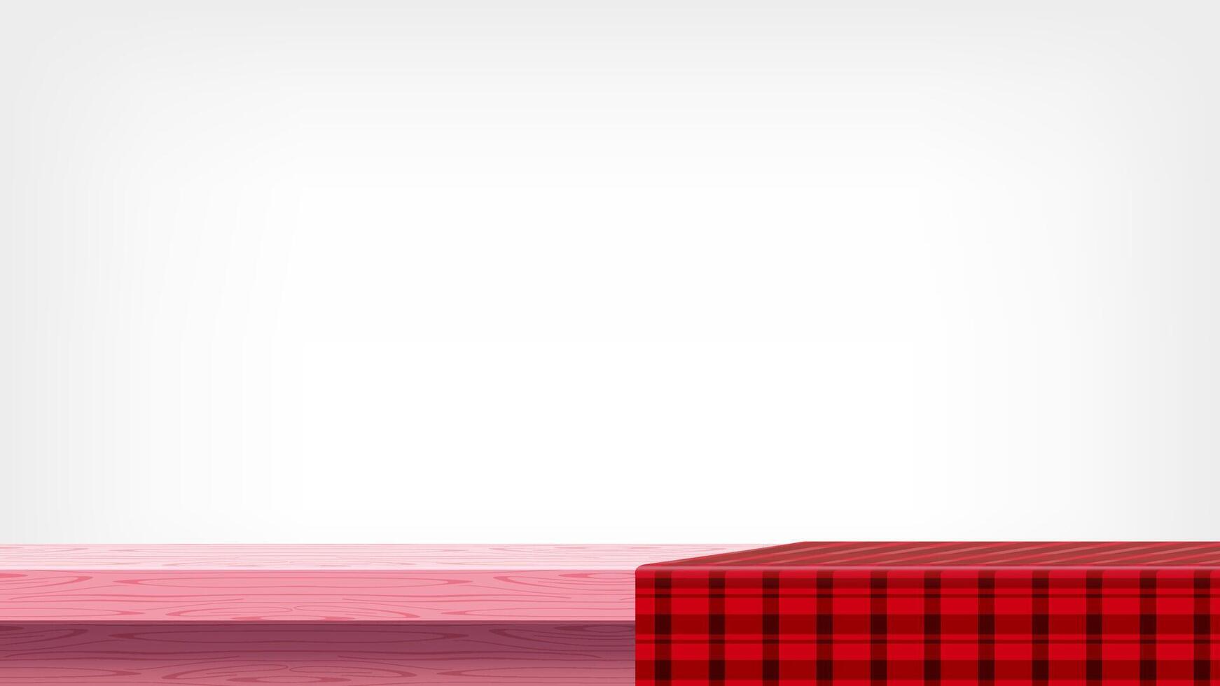 pink pastel wood plank and red tablecloth and copy space, empty table top and tablecloth, checkered cloth on wood plank for background ad, tablecloth on tabletop, fabric on wooden table and grey wall vector