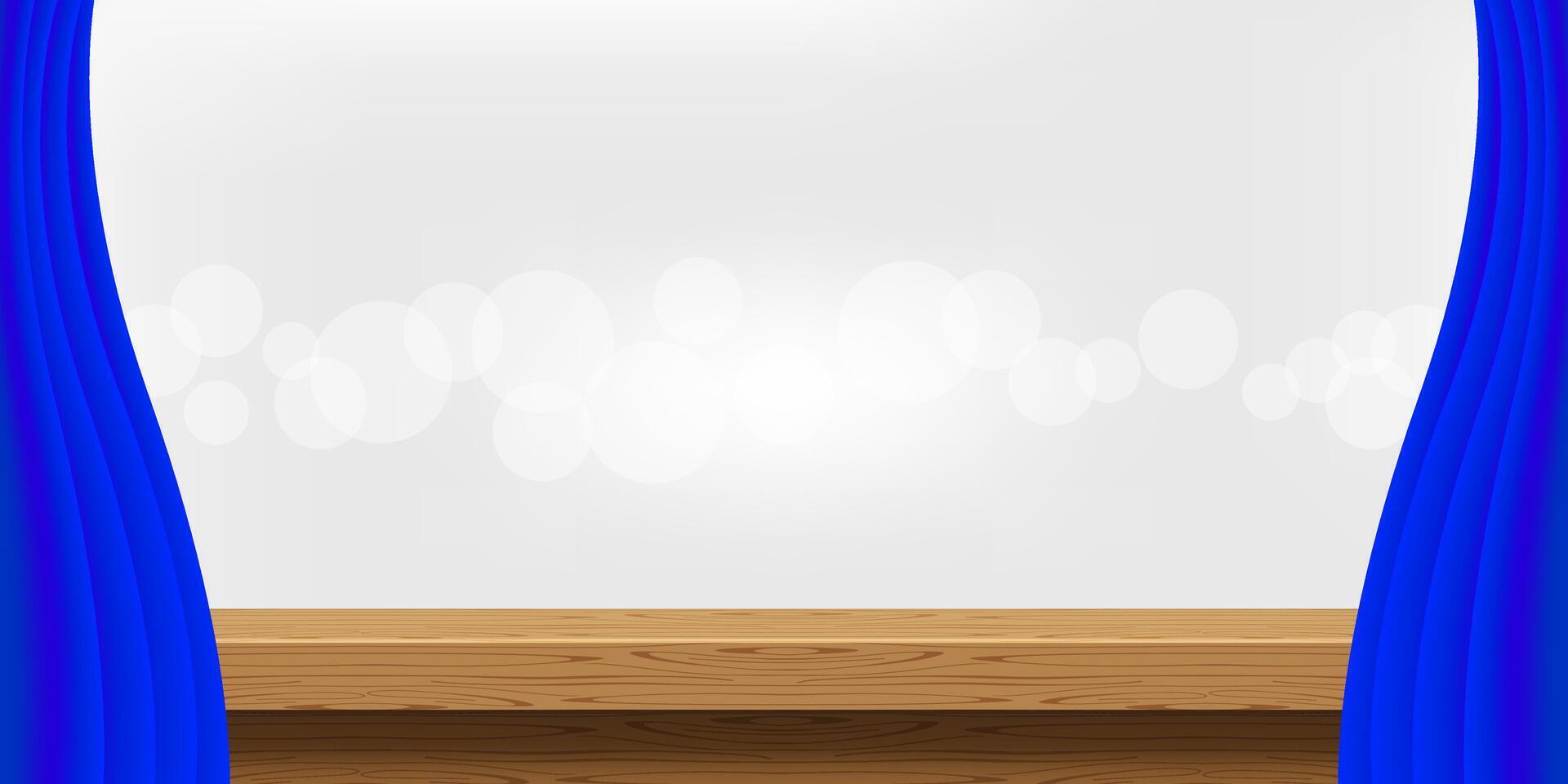 wood table and luxury blue curtains for advertise product display, wooden top table decoration with curtain, wood plank board space for banner copy space text, tabletop front view for banner ad vector