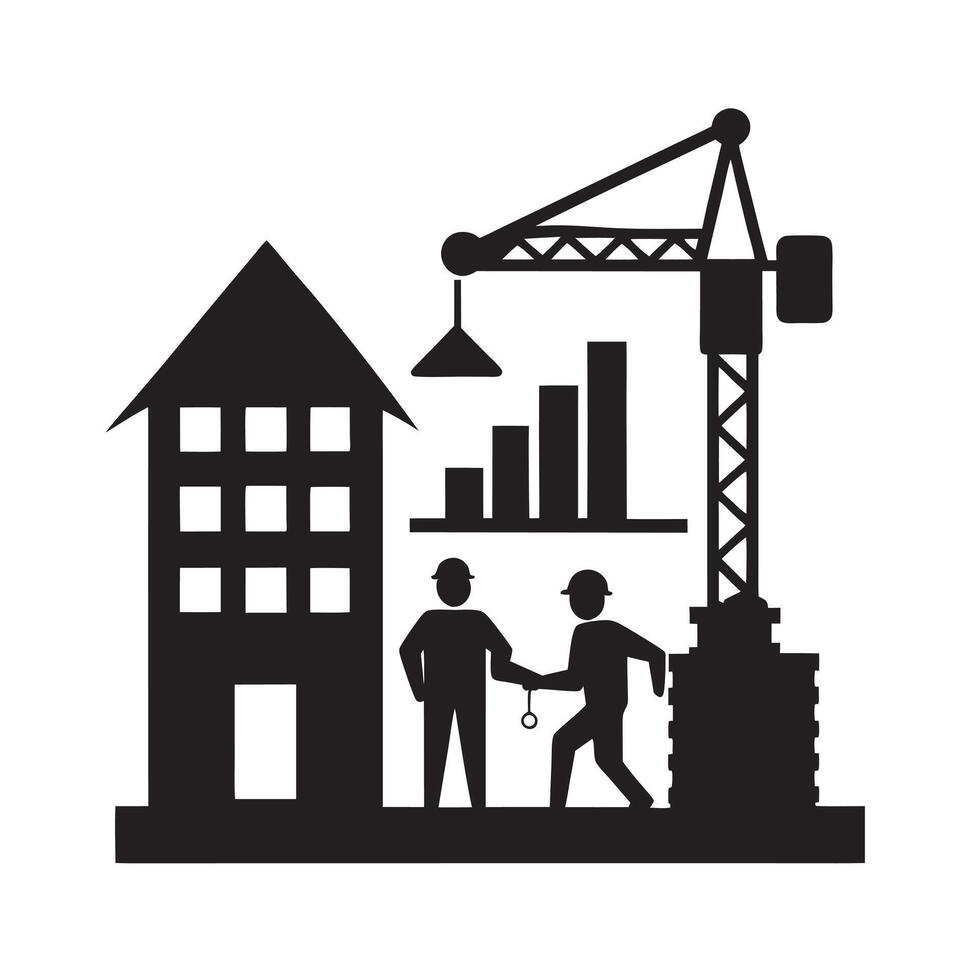 Construction Workers With Crane Silhouette Art vector