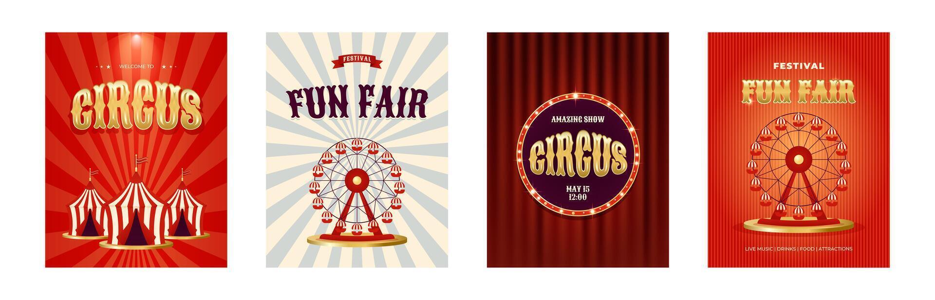 Vintage poster set. Circus and fun fair festival banners. Design for events, festival, carnival, party, performance, advertising and more. Retro illustration vector