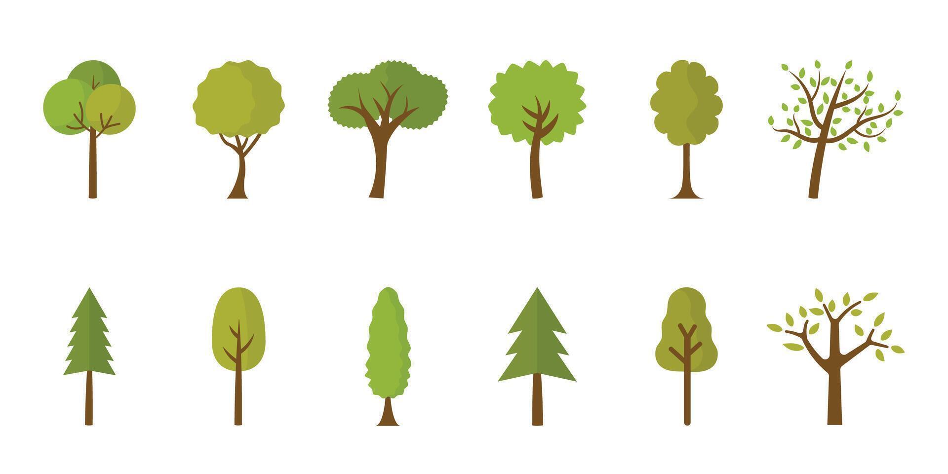 flat minimalist tree icons set, collection of green nature elements for design vector