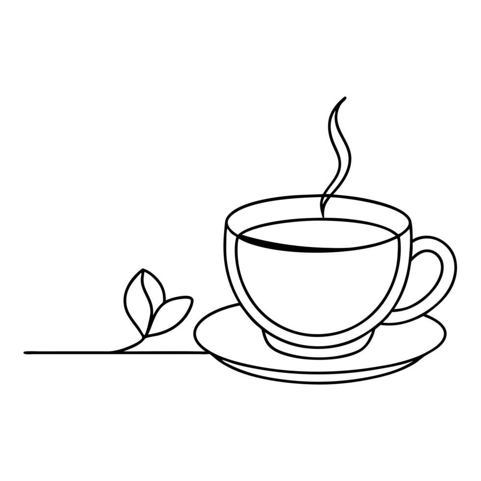 One Line Art Of Tea Cup With Leaf Illustration Minimalist Design vector