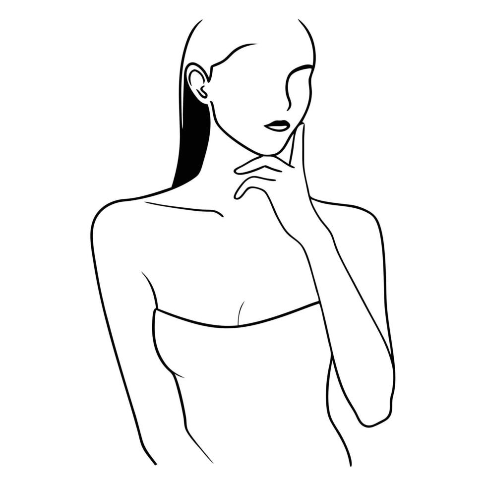 Minimalist Woman Line Art Portrait With Hand On Chin Thoughtful Expression vector