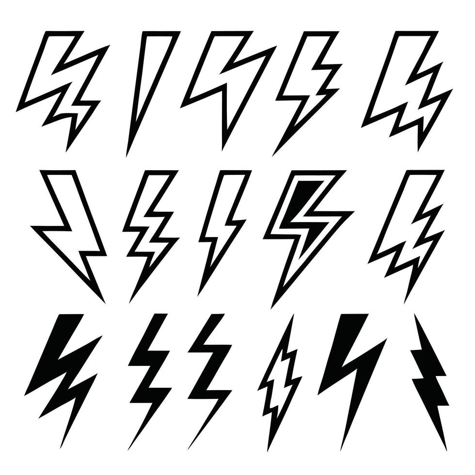 Twelve Diverse Lightning Bolt Icons Black And White Set Electricity Designs vector