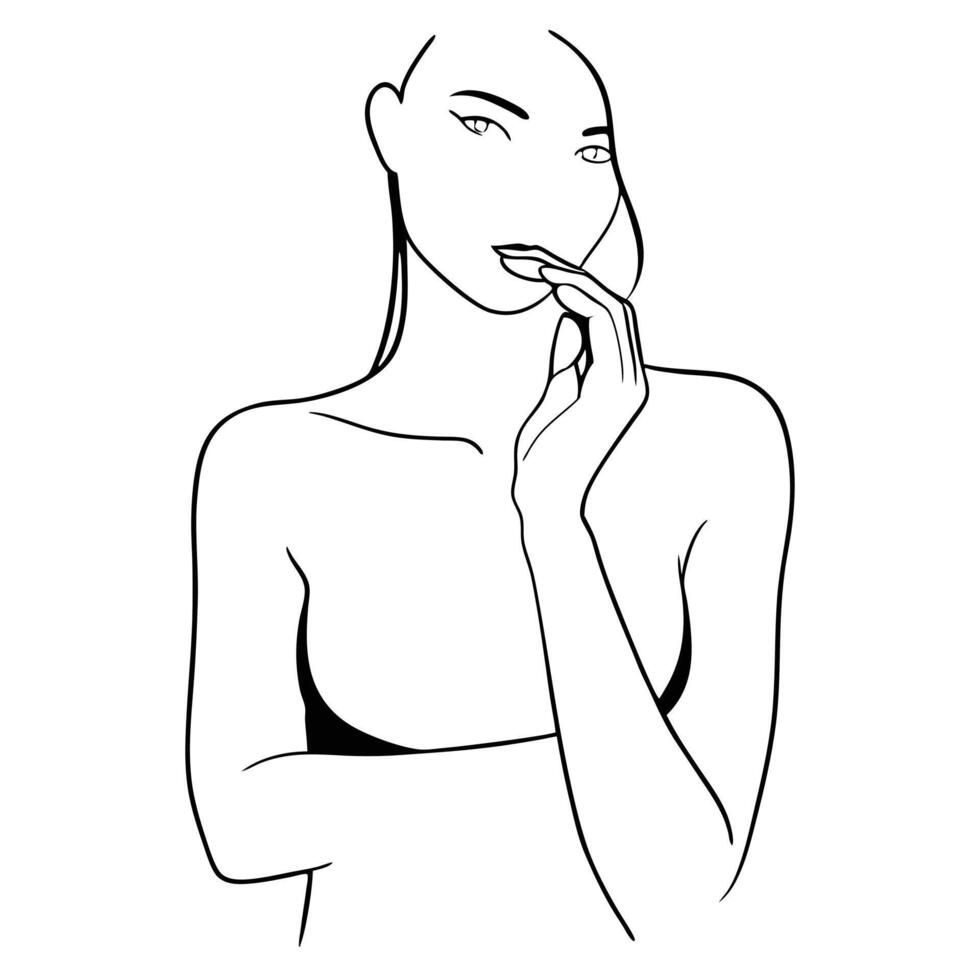 Minimalist Line Art Illustration Of A Pensive Woman With Hand To Lips vector