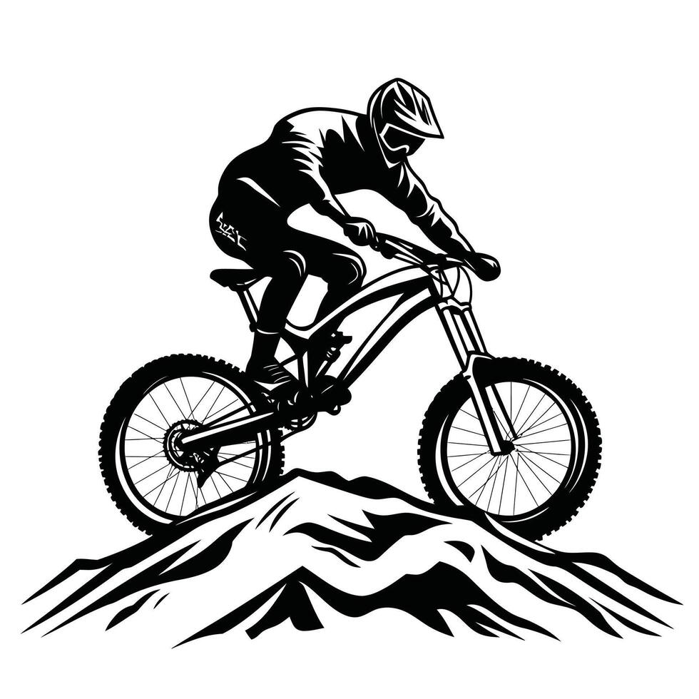 a black and white illustration of a mountain biker on a mountain vector