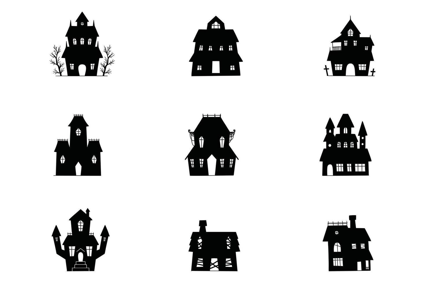 Silhouette Set of Halloween Haunted Homes with Ghosts and Creatures vector