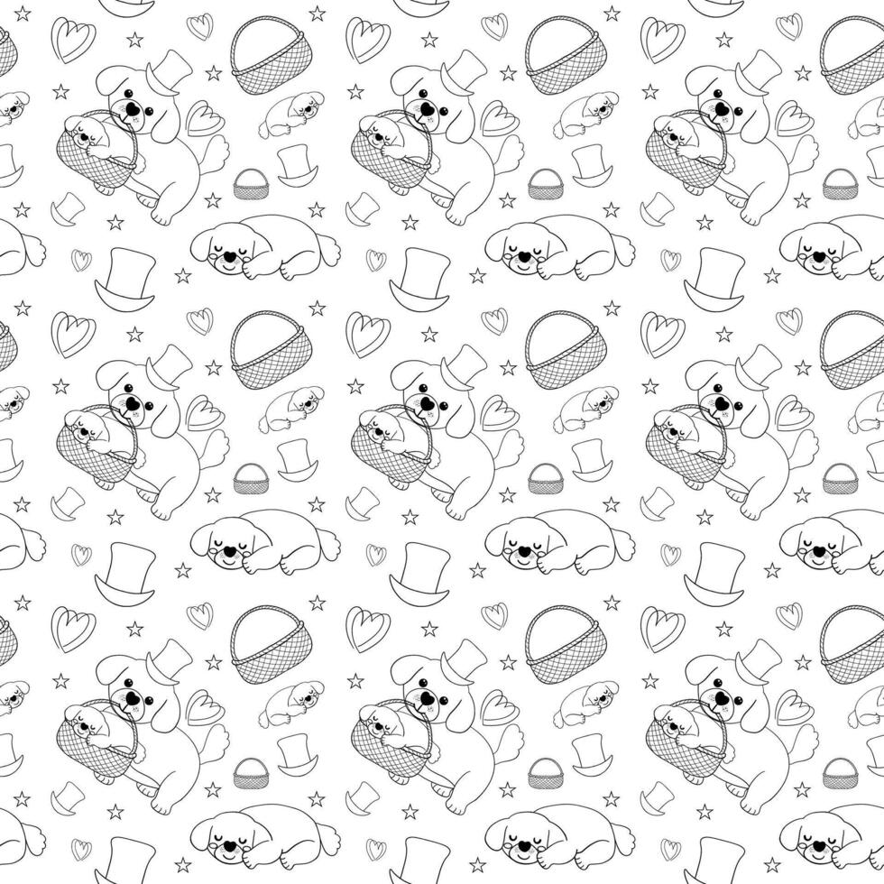 Seamless Pattern Shih Tzu Dog Cartoon with heart and hat in flat design outline style vector