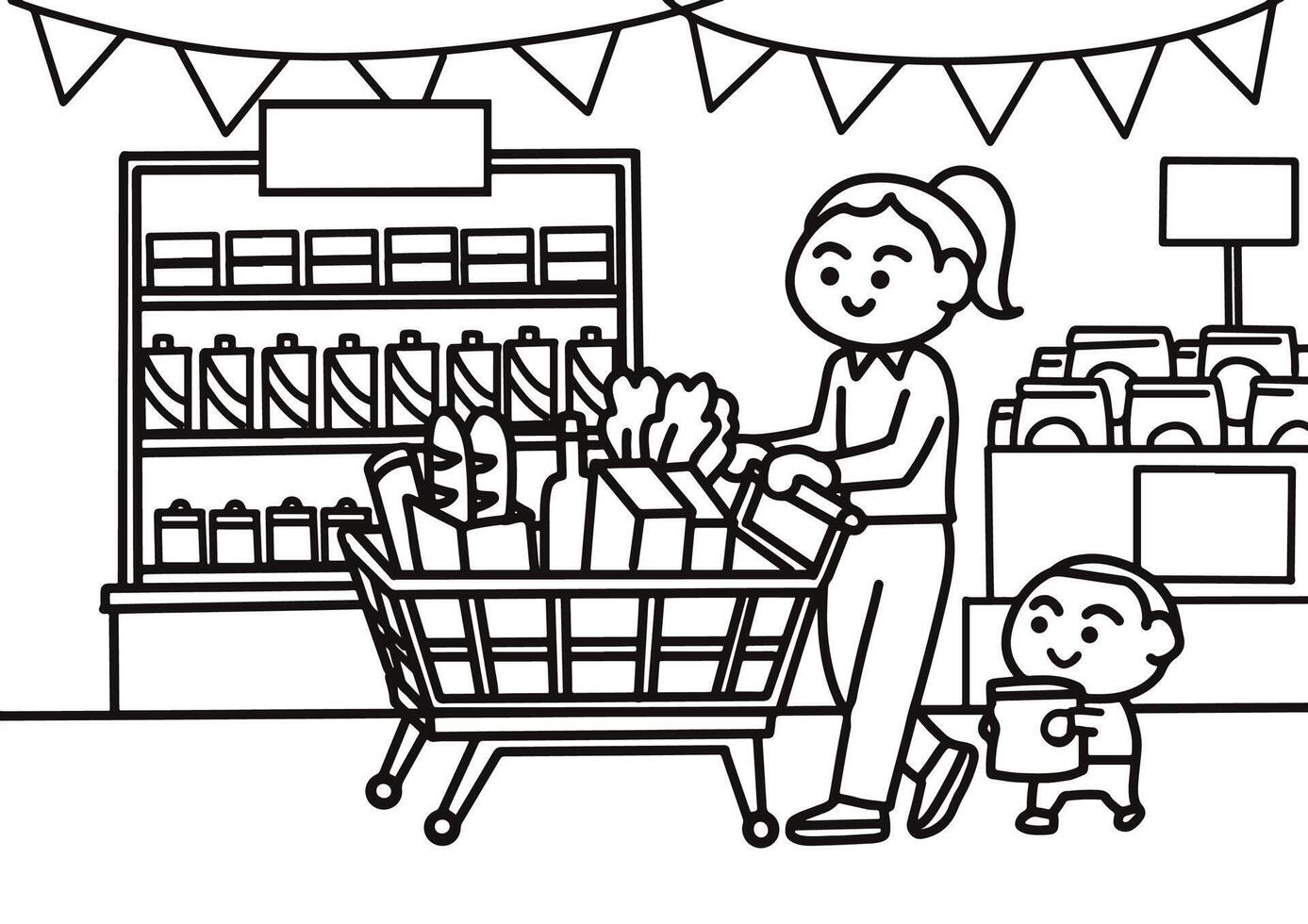 Family Grocery Shopping at the Supermarket vector