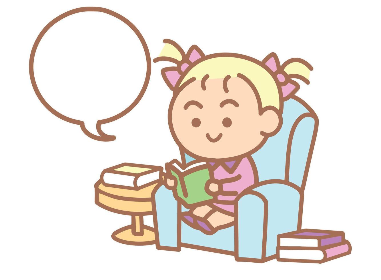 Little girl reading a book at sofa. vector