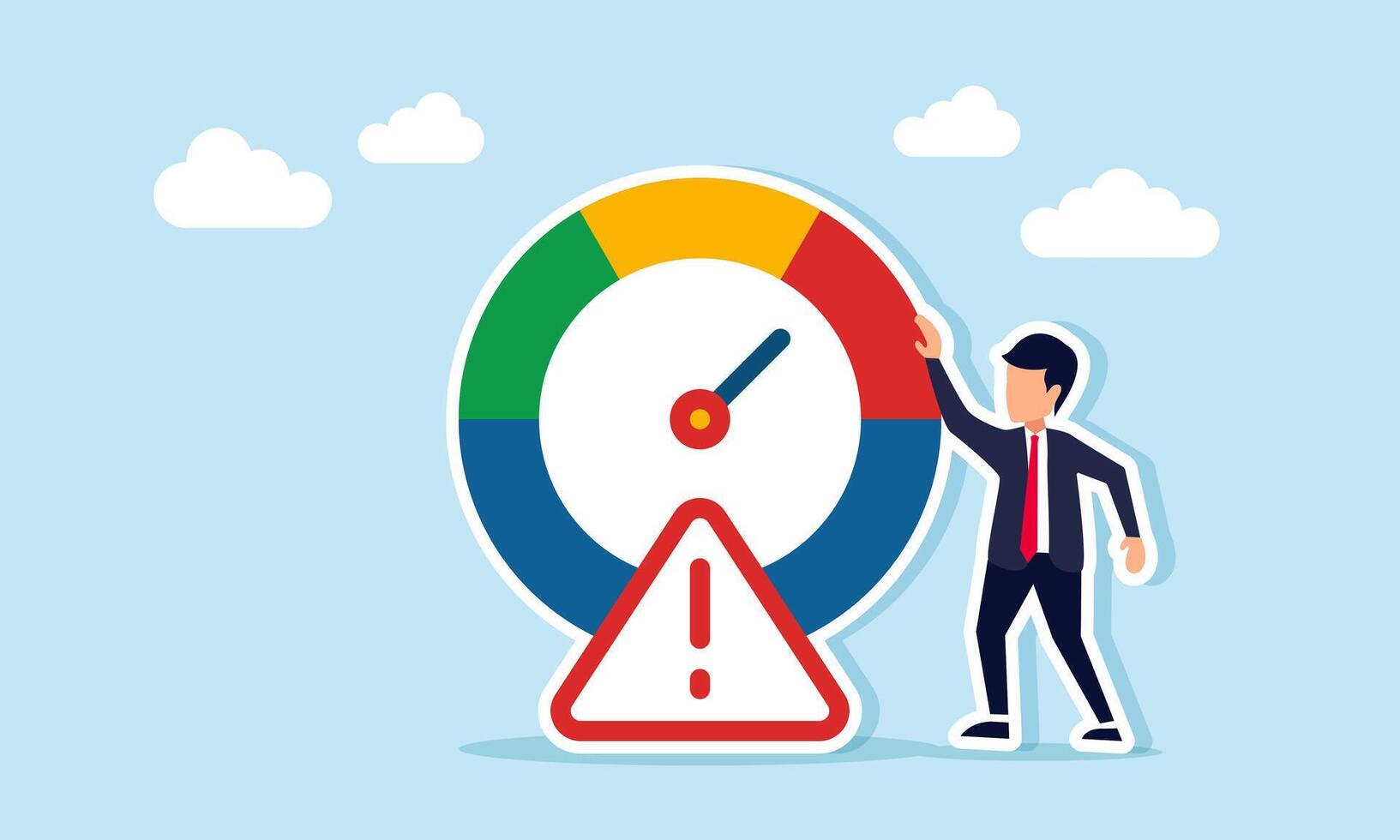 Businessman standing next to a diagram with an indicator needle and an exclamation mark, illustration of the need for attention to risk management indicators vector