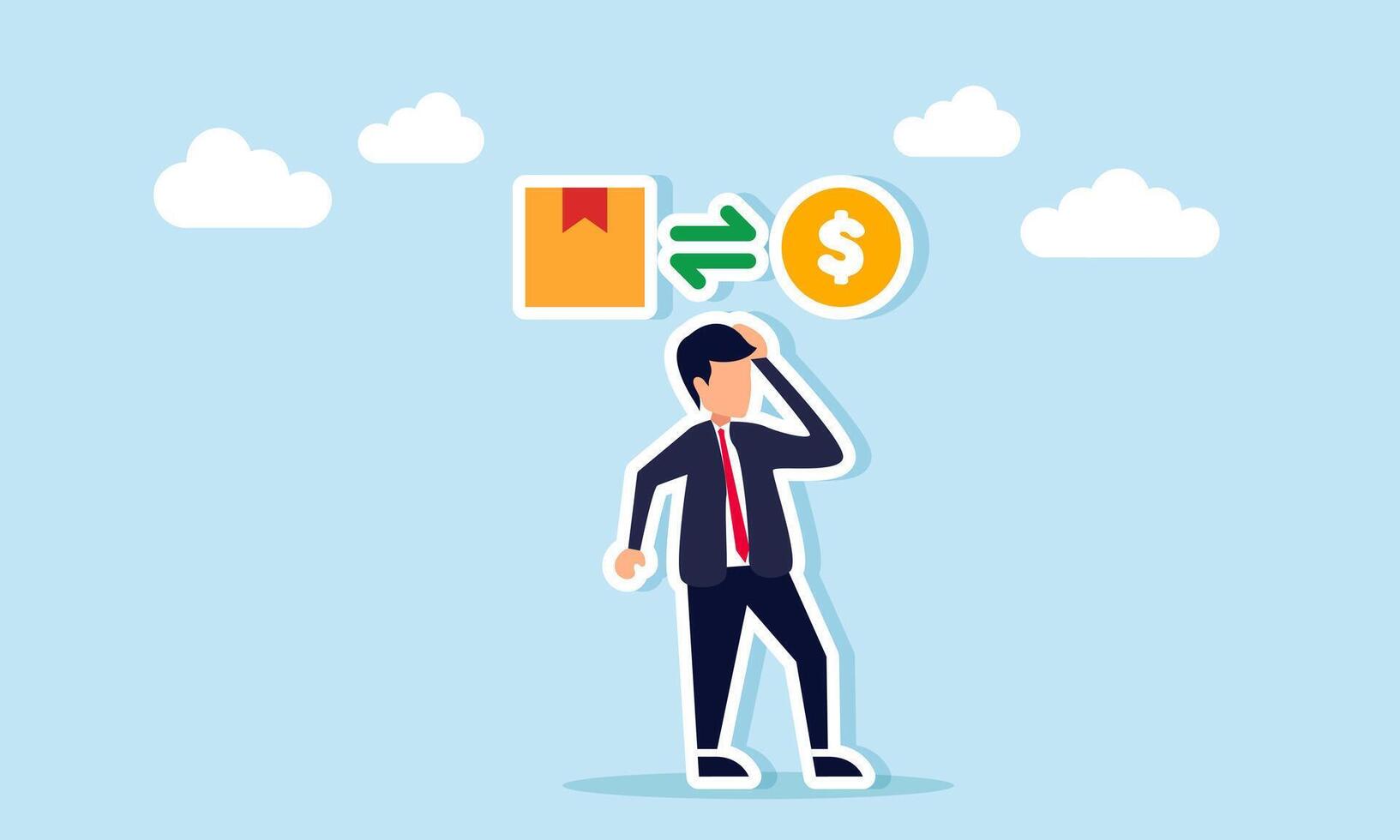businessman thinking with exchange icon between package box and dollar coin, illustration of thinking about financial rotation and business investment strategy vector