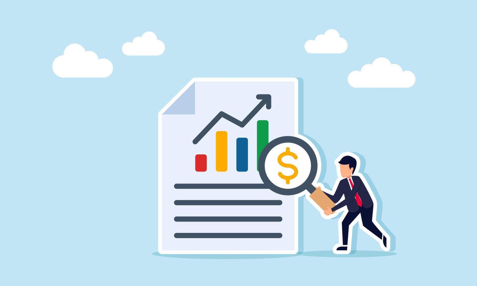 Businessman hold a magnifying glass marked with a dollar next to a document with a rising graph, illustration of monitoring and evaluating financial reports and business performance vector
