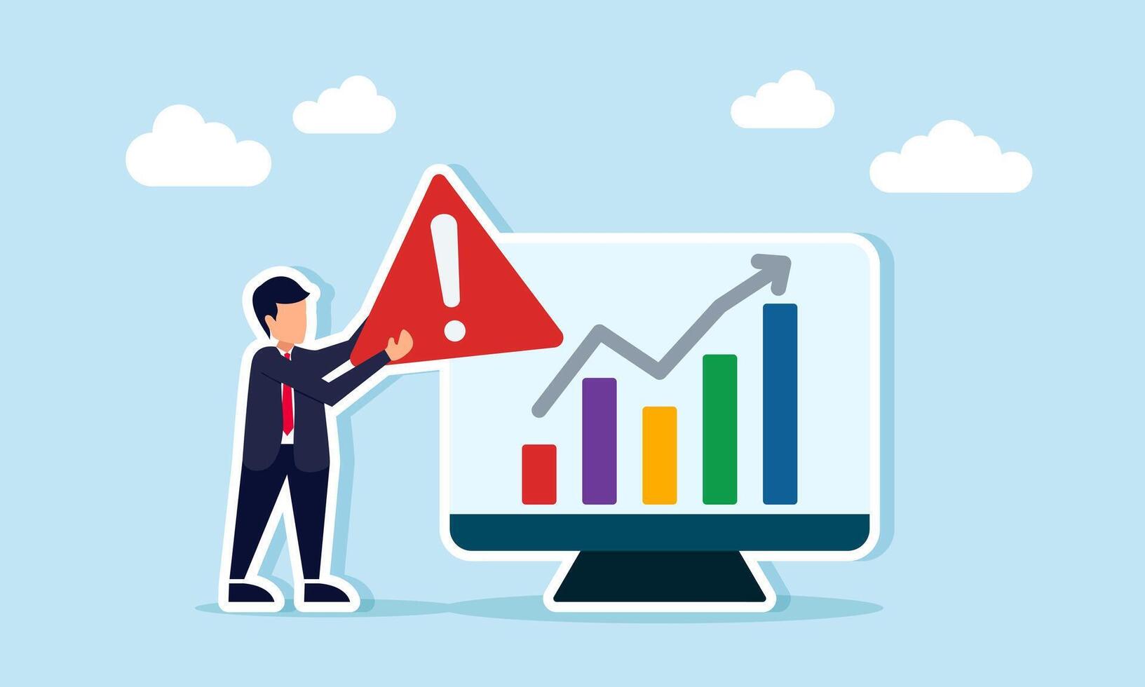 Businessman holding an exclamation or warning sign next to a monitor showing a rising chart, illustration of alertness in monitoring business performance vector