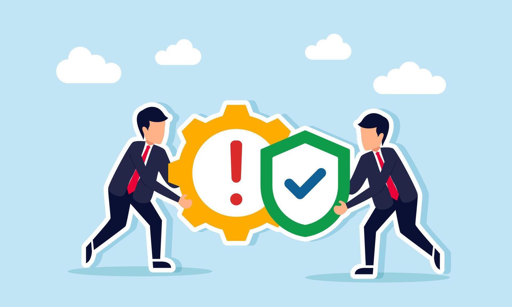 Businessman holding a shield with a check mark while another holds a gear with an exclamation mark, illustration of business protection and maintenance system vector