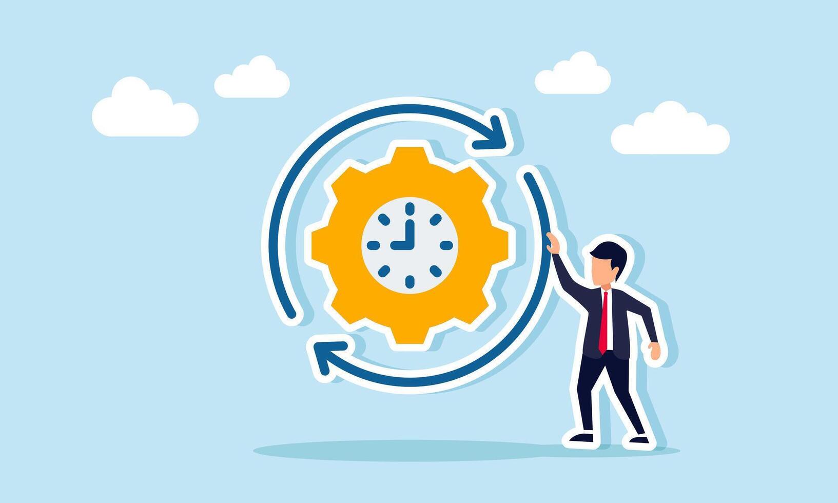 Businessman standing next to a gear with a clock symbol and continuous sign, illustration of automation in work or production system maintenance vector