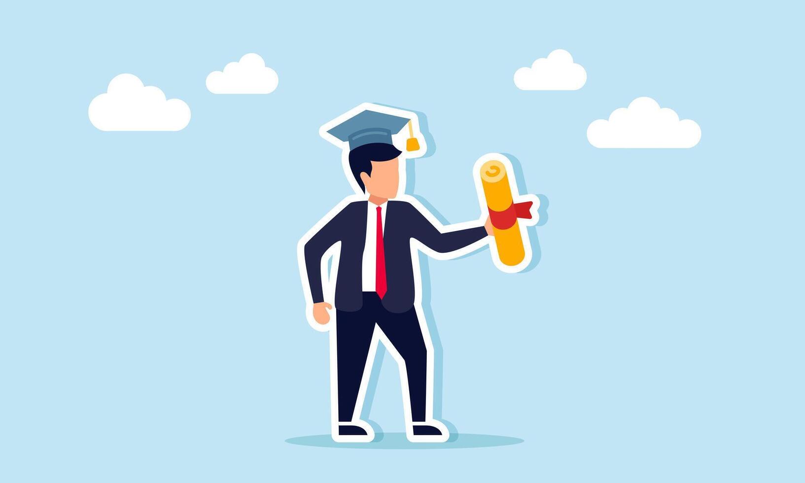 businessman wearing a graduation cap and holding a diploma or graduation document, illustration of graduation or earning a bachelor's, master's, or doctoral degree vector