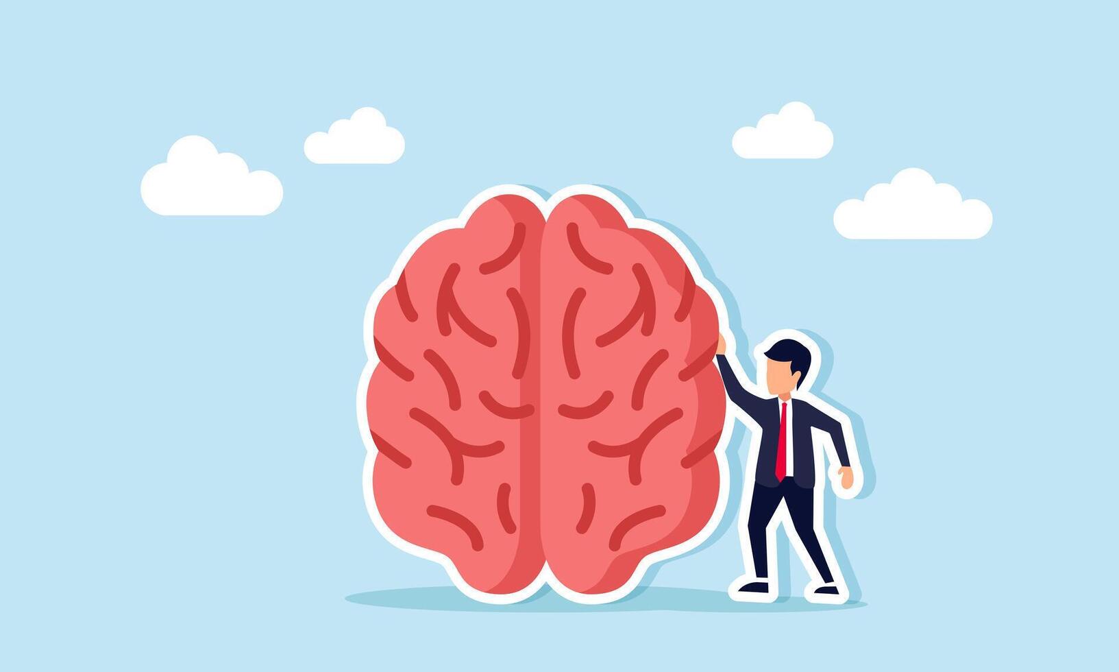 Businessman standing next to a large brain, illustration of excellence in thinking when designing creative ideas vector