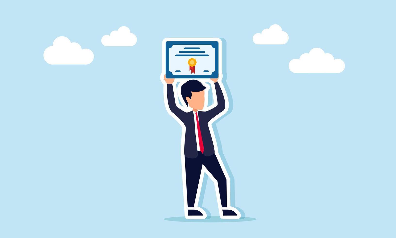 businessman lifting and showing a certificate, diploma, or graduation document, illustration of a certificate proving success or graduation vector