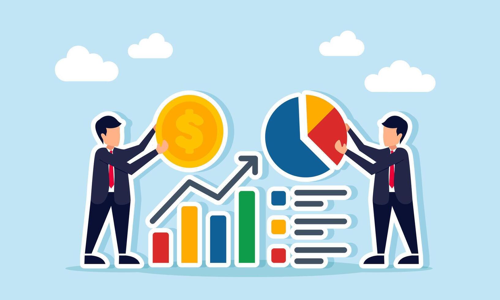 Businessman holding a dollar coin and another holding a diagram next to a rising graph and list, illustration of teamwork or collaboration in preparing business financial reports vector