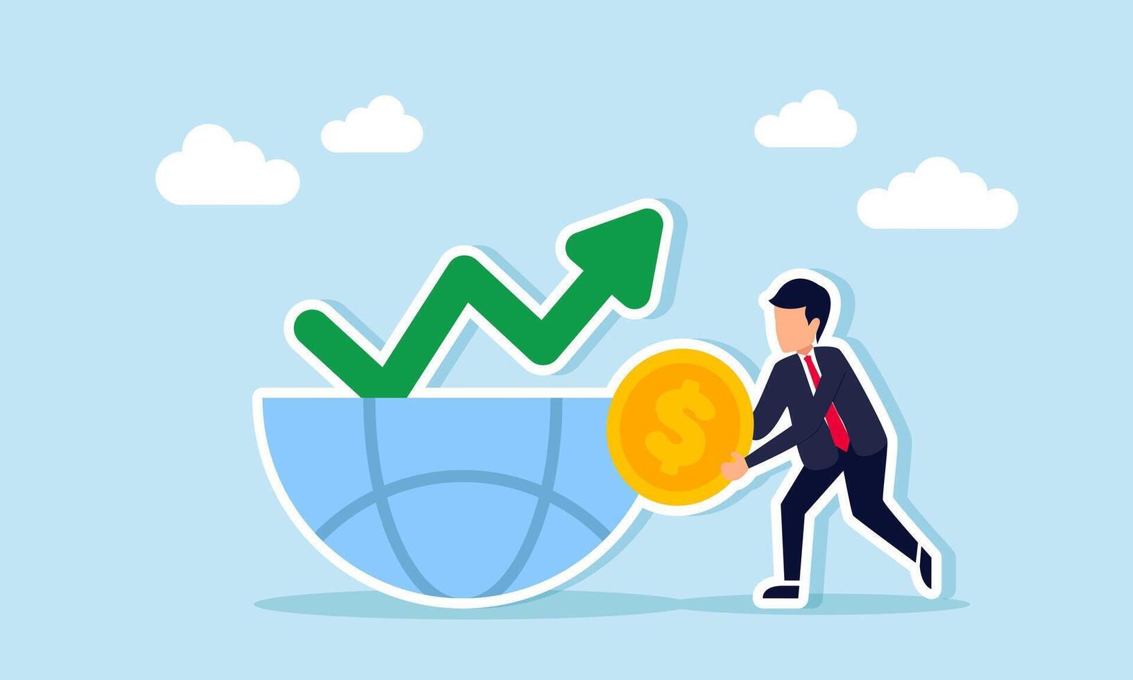 Businessman carrying a dollar coin beside half of the globe with a line chart symbol, illustration of economic condition affected by inflation vector