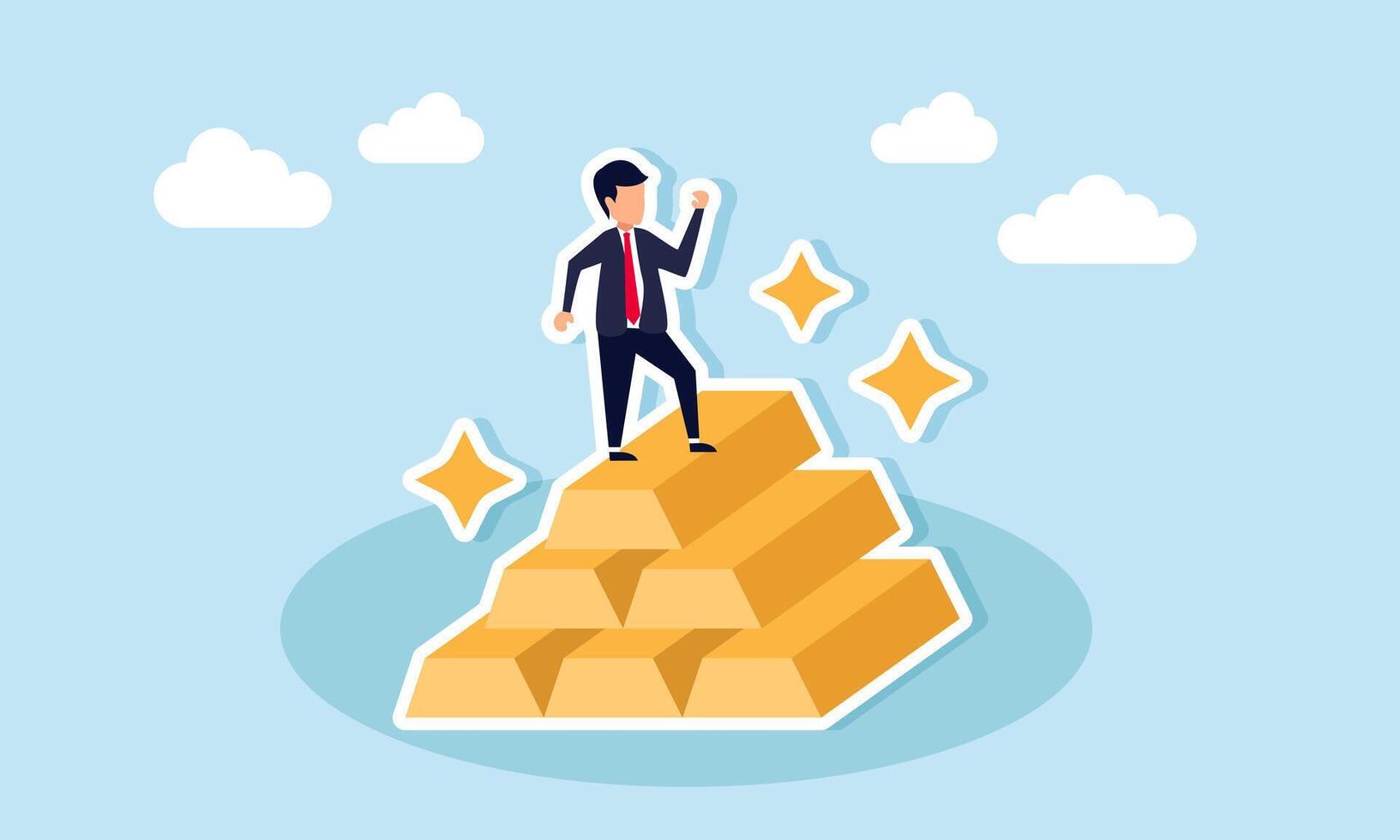 businessman standing on a pile of gold, illustration of efforts to maintain asset valuation through gold investment and wealth collection strategy vector