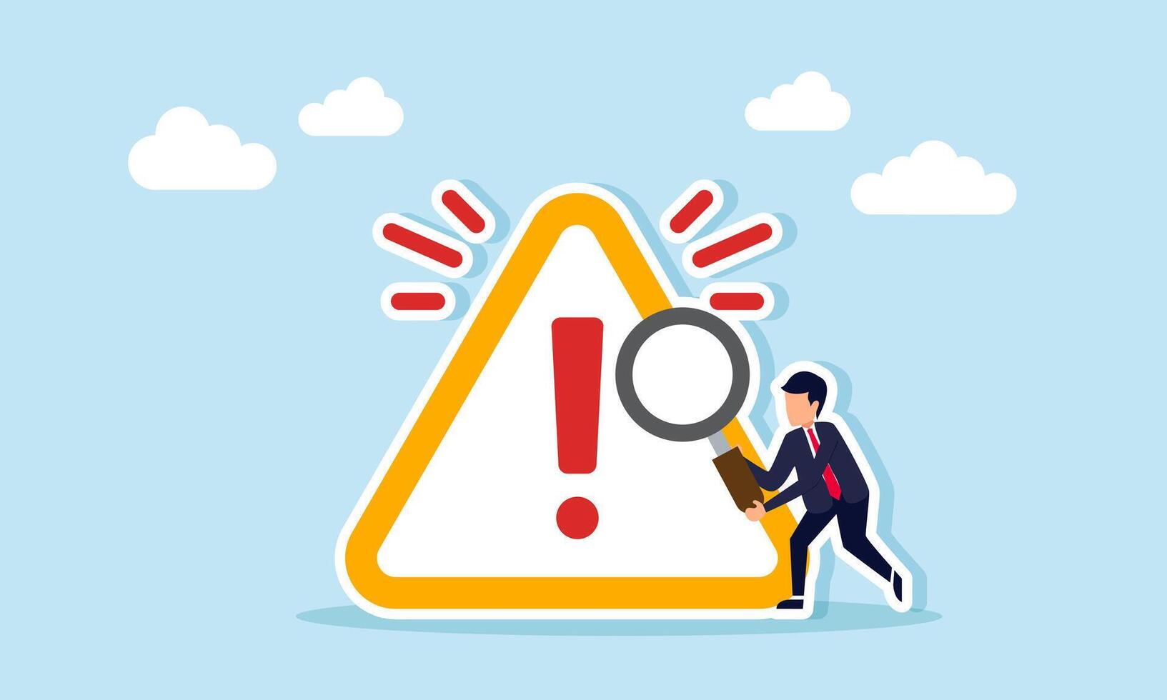 Businessman holding a magnifying glass next to an exclamation mark with a splash effect, illustration of the need for special attention to risky matters vector