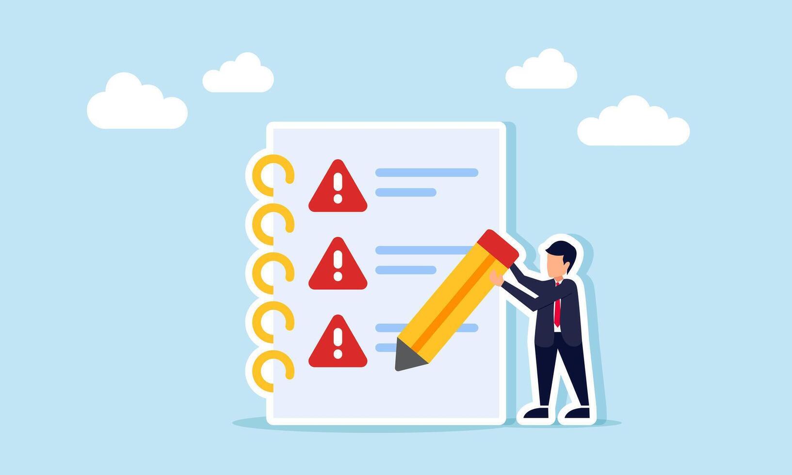 Businessman holding a pencil next to a document with a list marked with exclamation points, illustration of noting important points that need special attention vector
