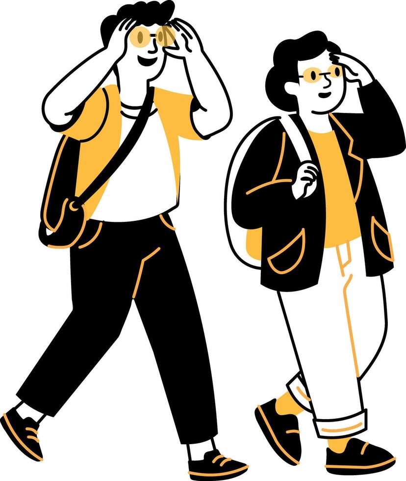 Friends walking together in amusement park, hand drawn illustration vector