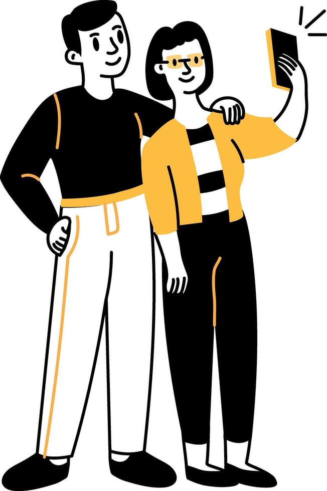 A cute couple taking selfie, hand drawn style illustration vector