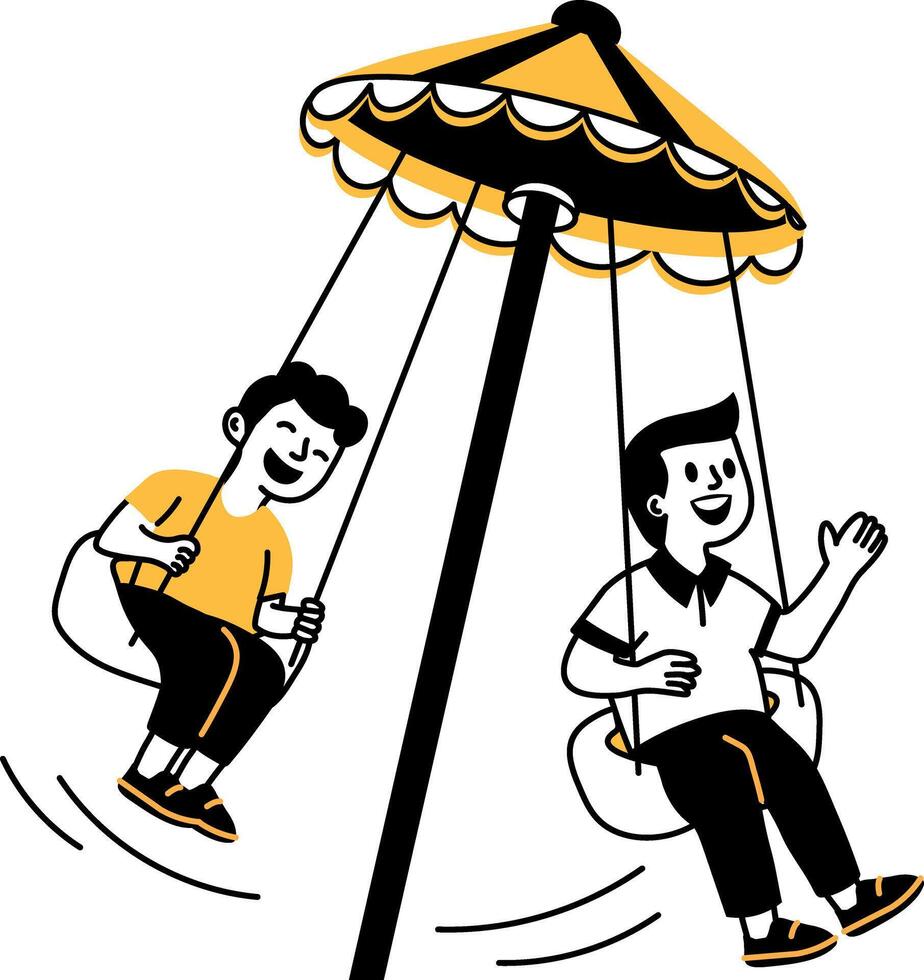 A hand drawn style illustration showing two characters enjoying a spinning swing vector