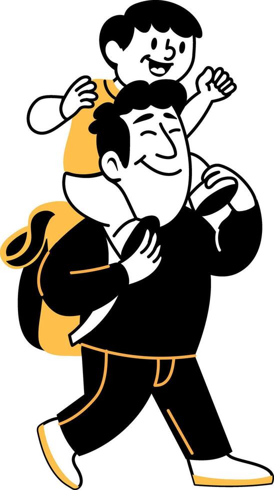 A father giving a shoulder ride to his son, hand drawn illustration vector
