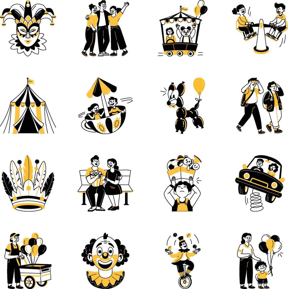 Collection of Amusement Park Hand Drawn Illustrations vector