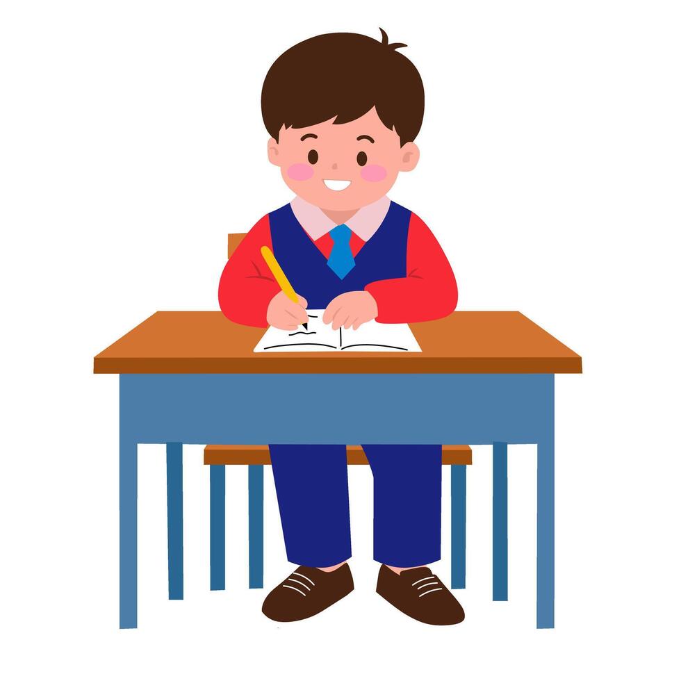 Smiling Schoolboy Writing at Desk in a Flat Design of Education and Learning vector