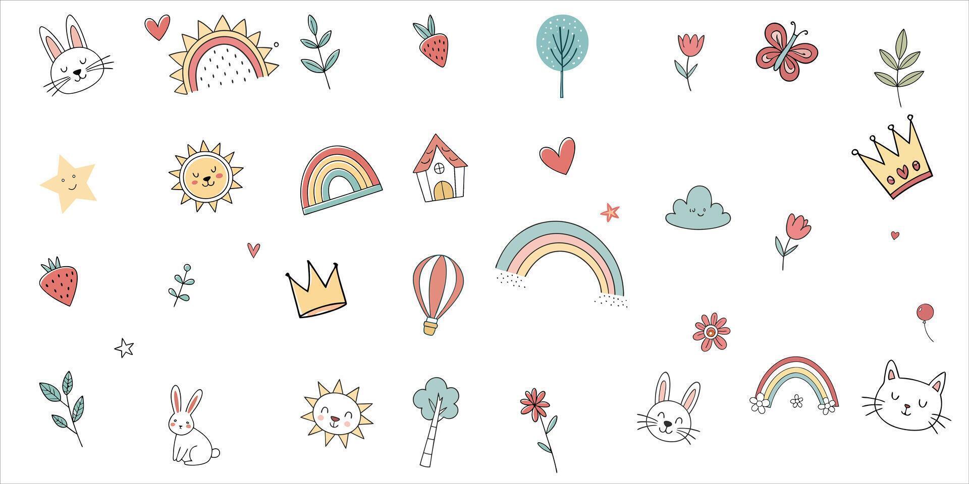 Cute kid scribble line background. Hand drawn doodle sketch childish element set. Flower, heart, cloud children draw style design elements vector