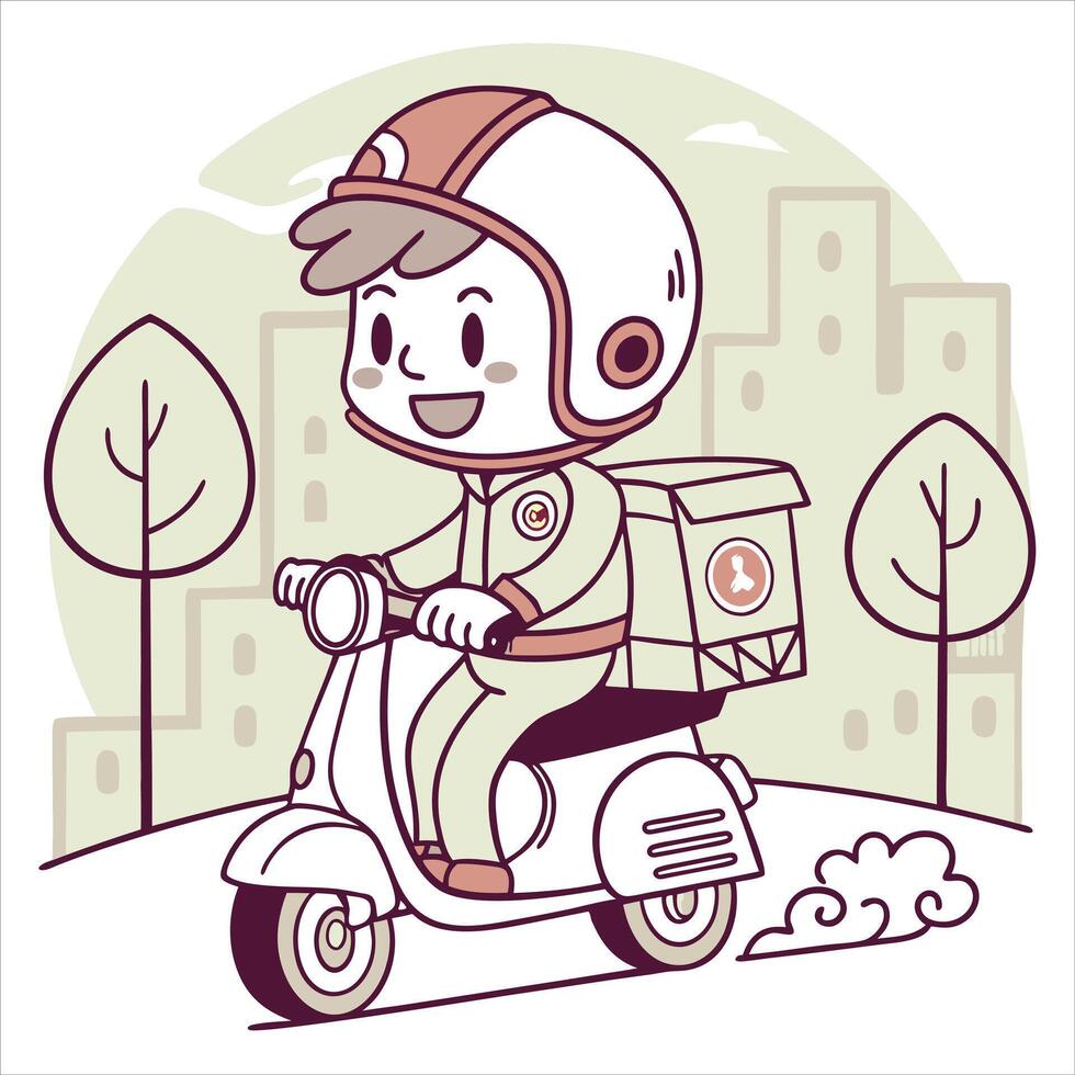 It is a cute cartoon character of a delivery boy on a scooter vector